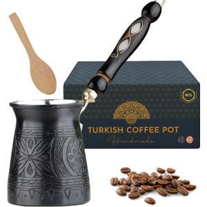 BCS 12 Oz Copper Turkish Greek Arabic Coffee Pot with Wooden Handle (4 servings) Cezve Ibrik Briki Stovetop Coffee Maker with Wooden Spoon