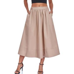HOTIAN Women's A-Line Midi Skirts Casual Summer Elastic High Waist Pleated Flowy Beach Long Skirt with Pocket (M)