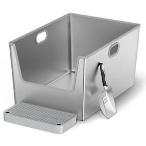 40L XXL Stainless Steel Litter Box with High Sides,XXXL Metal Maine Coon Cat Litter Box with Tall Walls for Big Cats,High Sided,One-Piece Deep Litter Boxes with Low Entry,Easy to Clean,Non-Sticky