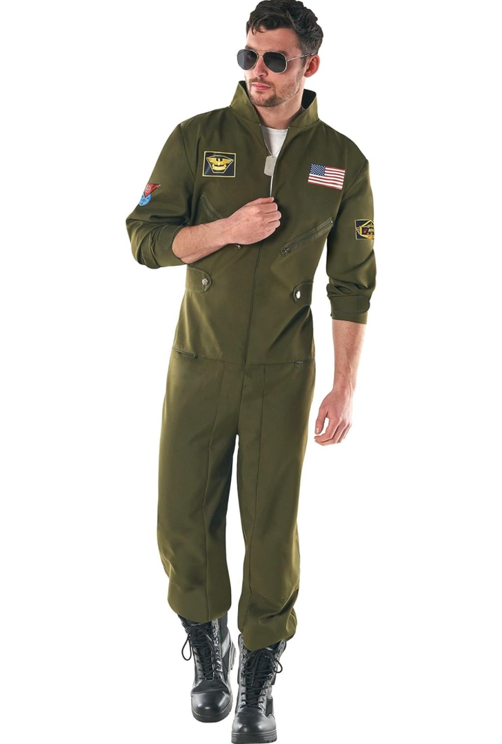 Fun Shack Flight Suit Costume for Men, Air Force Jumpsuit, Mens Fighter Pilot Outfit, Aviation Costume for Adults, Size Medium