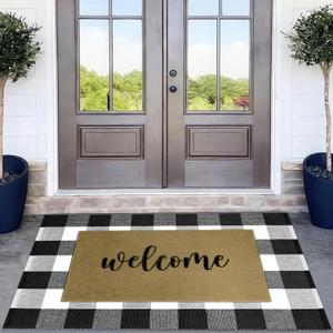 2 Pcs Door Mat100% Coco Coir Welcome Doormat + 27.5" x 43" Buffalo Black and White Plaid RugSpring Front Porch Entryway Decor Indoor Outdoor Floor Mats