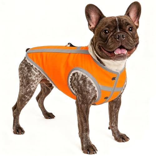 Dog Winter Coat with Fleece Lining for Small Dogs– Warm Waterproof Windproof Snow Vest for Cold Weather, Reflective Blaze Orange Safety Dog Jacket, Easy-On Adjustable Fit with D Ring, M