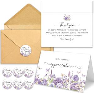 Funeral Thank You Cards with Envelopes, Set of 50, Purple Watercolor Floral Butterfly Design 4x6In Message Inside Sympathy Thank You Card for Funeral Bereavement