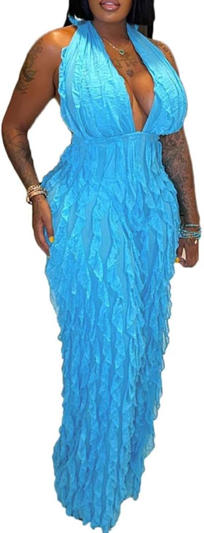 Ryehack Backless Jumpsuit for Women Sexy See Through V Neck Halter Sleeveless Ruffle Wide Leg Pants Romper (XX-Large, Lightblue)