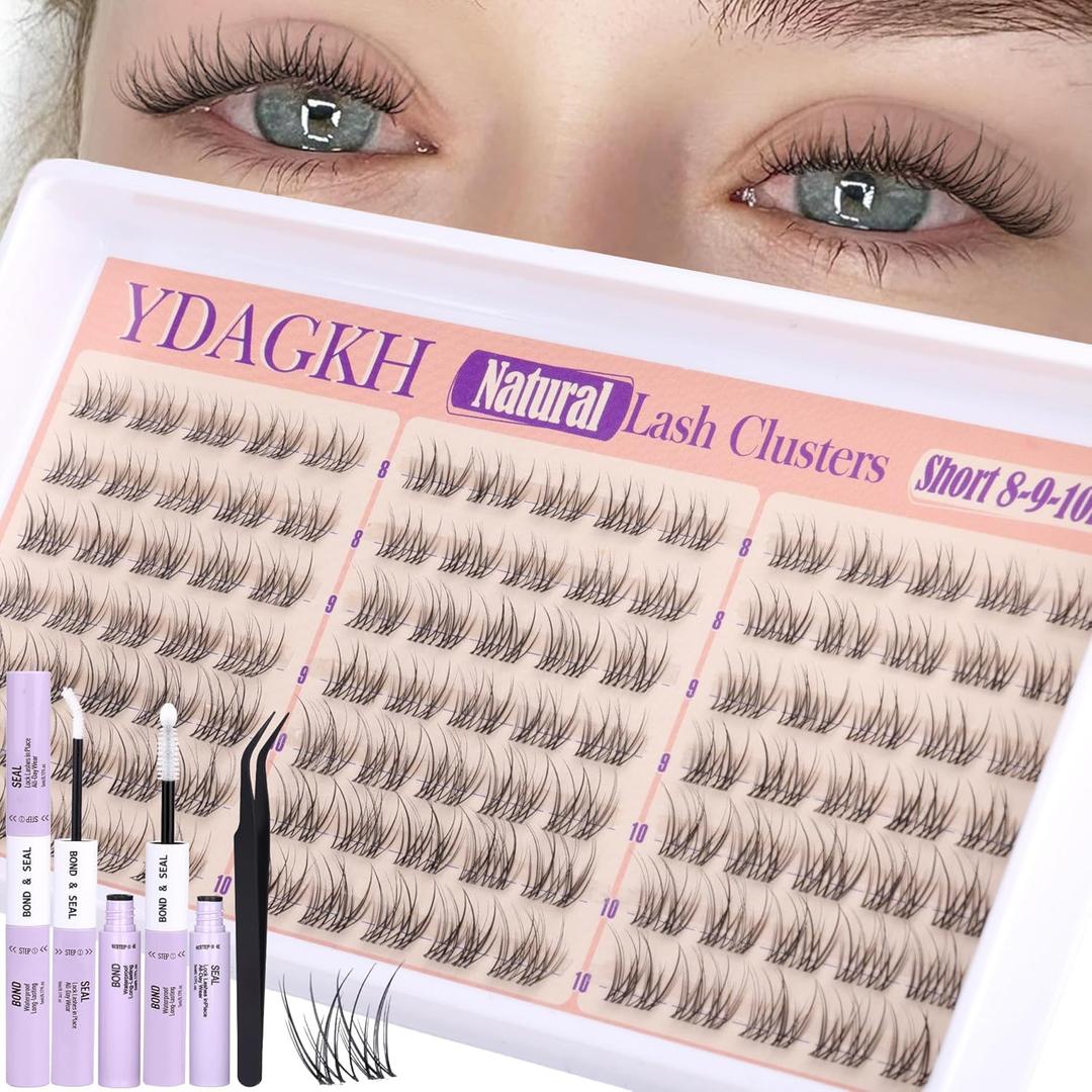 Short Lash Clusters Kit 8-9-10mm Velure Natural Eyelash Clusters Kit Clear Band Wispy Cluster Eyelash Extensions CC Curly Invisible Individual Lashes with Clear Lash Bond and Seal for Beginner Daily