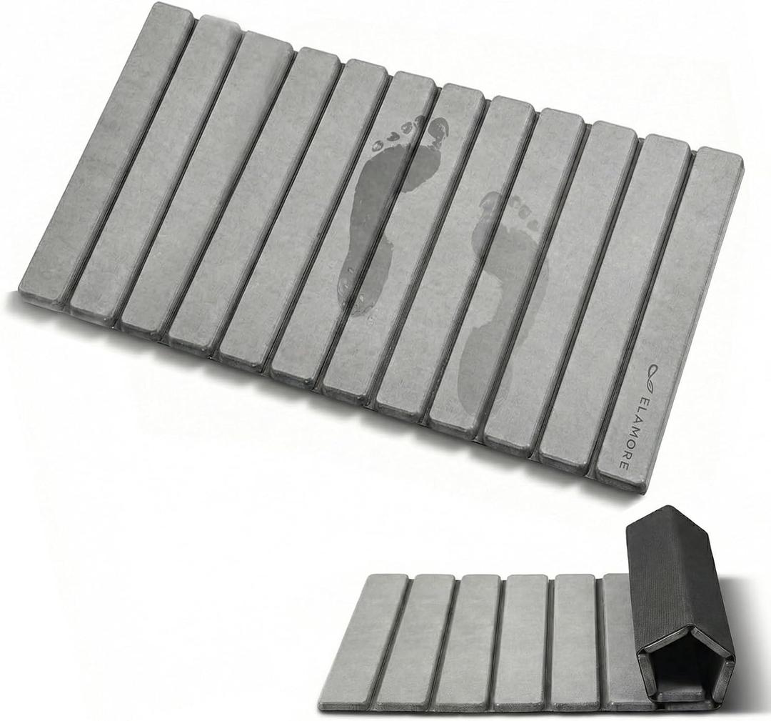 ELAMORE Foldable Stone Bath Mat – Diatomaceous Earth Bath Mat, Super Absorbent Quick Dry Shower Mat, Non Slip Bathroom Floor Mat, 32 x 20 Inches Gray