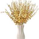 50 Pcs Gold Flowers Gold Eucalyptus Leaves Stems 15'' Faux Eucalyptus Leaves Decor Fake for Wedding Party Bouquet House Home Farmhouse Vase DIY Craft