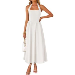 ZESICA Women's Summer Sleeveless Halter Midi Dress 2025 Off Shoulder High Waist Swing Flowy Beach Long Dresses (Ivory) S 