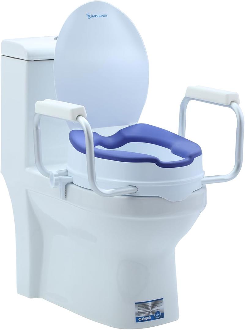 Raised Toilet Seat with Handles for Seniors - Adds 5 Inch - Elevated Toilet Seat Riser with Cushion - Supports 300 lbs - Easy to Install for Standard/Round Toilet - Includes Lid, Blue