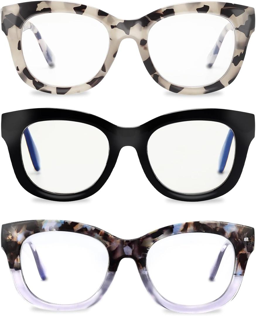 LADEESSE Readers for Women Oprah Style 3 Pack Square Oversized Reading Glasses with Spring Hinge Blue Light Blocking Ladies (Black+grey+blue)