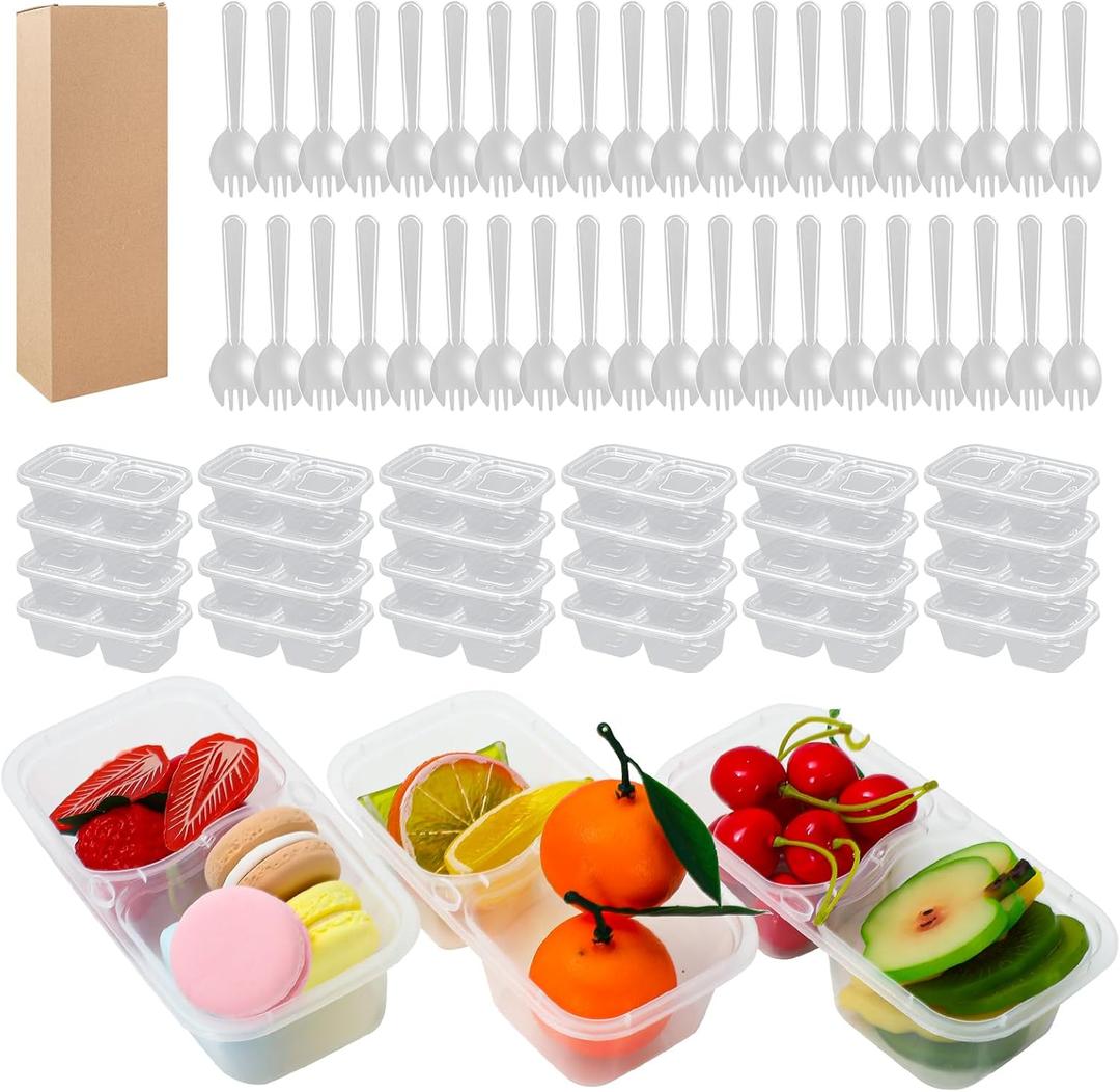 40 Sets Double Compartment Condiment Container with Lid & Spoon Clear Plastic Snack Containers for Outdoor Travel Party Meal Prep Supplies