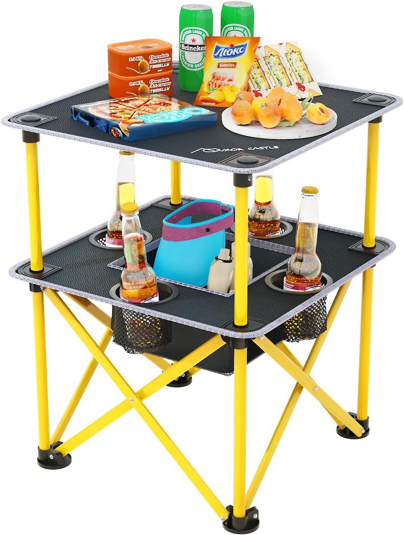 Folding Camping Table with 4 Cup Holders, Lightweight Portable Beach Outdoor Picnic Table, Square Camp Table with Built-in Food Basket Travel Bag for BBQ, Camping, Tailgate, 19"d x 19"w x 23.6"h
