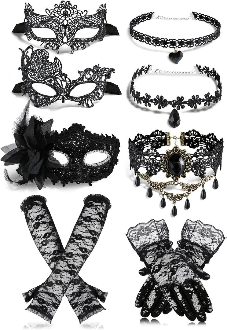 Halloween Masquerade Costume Set for Women Black Lace Masks Gloves Gothic Choker Necklace Cosplay Party Accessories