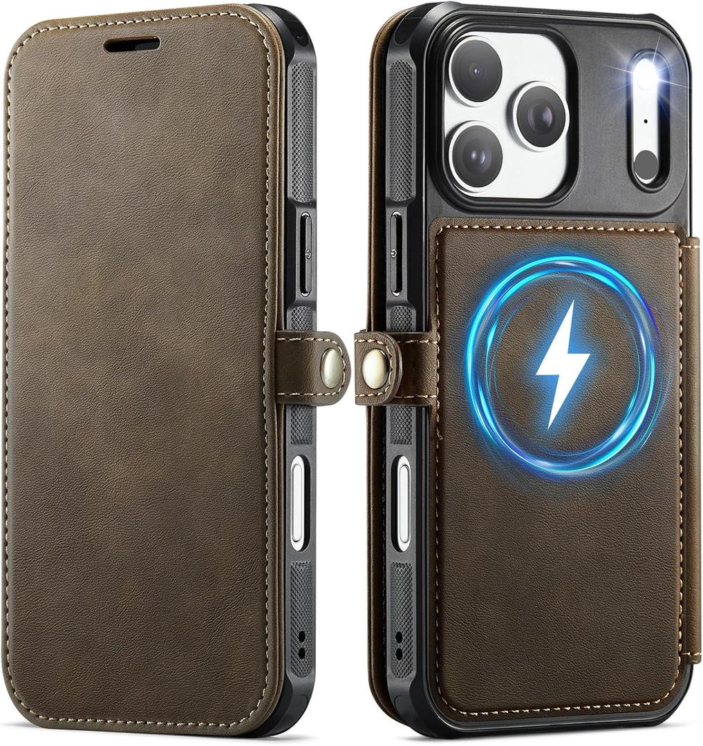 for iPhone 17 Pro Case Wallet Compatible with Magsafe, Slim PU Leather Flip RFID Blocking Card Holder Stand Shockproof Magnetic Women Men Wallet Phone Case Cover for iPhone 17 Pro, Brown