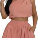 knowfashionstyle Womens 2 Piece Outfits Summer Short Sets Matching Off Shoulder Top Waist Shorts With Pocket Casual Outfits