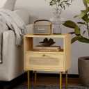 Leomonio Nightstand, Modern Beside Table with Storage Drawer and Open Wood Shelf, Small End Side Table with Glass Decorative Door and Gold Frame, for Living Room, Bedroom (Oak-4)