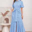 utcoco Women's 2026 Summer Casual Striped Button Down Maxi Dress Tie Waist Short Sleeve Shirt Dress with Pockets (Blue)
