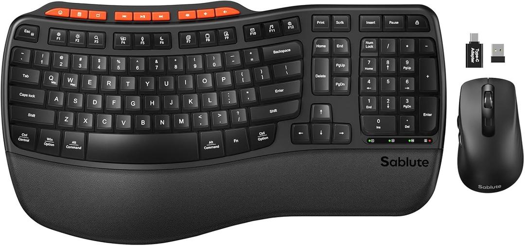 Ergonomic Wireless Keyboard and Mouse Combo, 2.4G Full Size Wave Key Board with Cushioned Palm Rest, Natural Typing, 3 DPI Adjustable Mouse, USB-A & C for Computer/Laptop/Mac/Tablet - Sablute