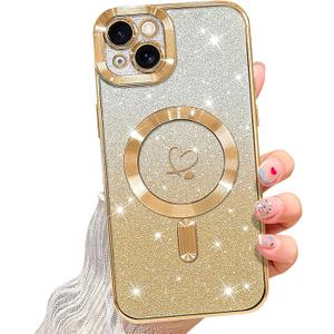 NITITOP Compatible with iPhone 14 Case Cute Clear Glitter [Compatible for MagSafe] Plating Heart Sparkle Bling Magnetic Girl Women Electroplated Frame Camera Protection Back Cover - Gold