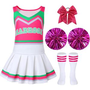 Cheerleader Costume for Girls Cheerleading Outfits Kids Movie Halloween Dress Up Cosplay with Pom Bowtie Stocking (5-6Y/120, Pink)