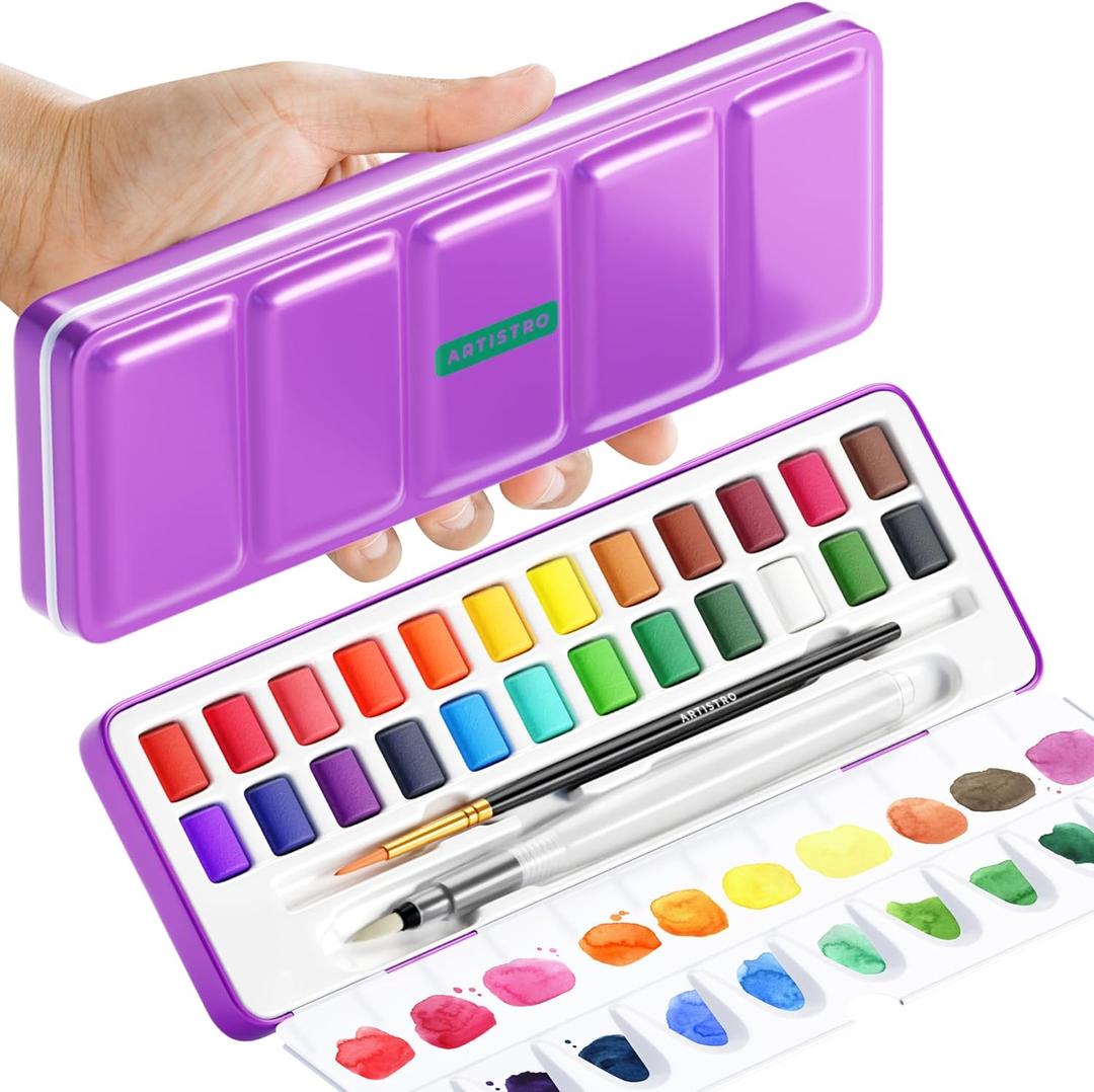 ARTISTRO Watercolor Paint Set 24 Colors, Travel Watercolor Set in Portable Box, Water Color Paint Sets for Kids, Mini Water Colors Paint Adult Set for Artists, Beginners, Amateur Hobbyists