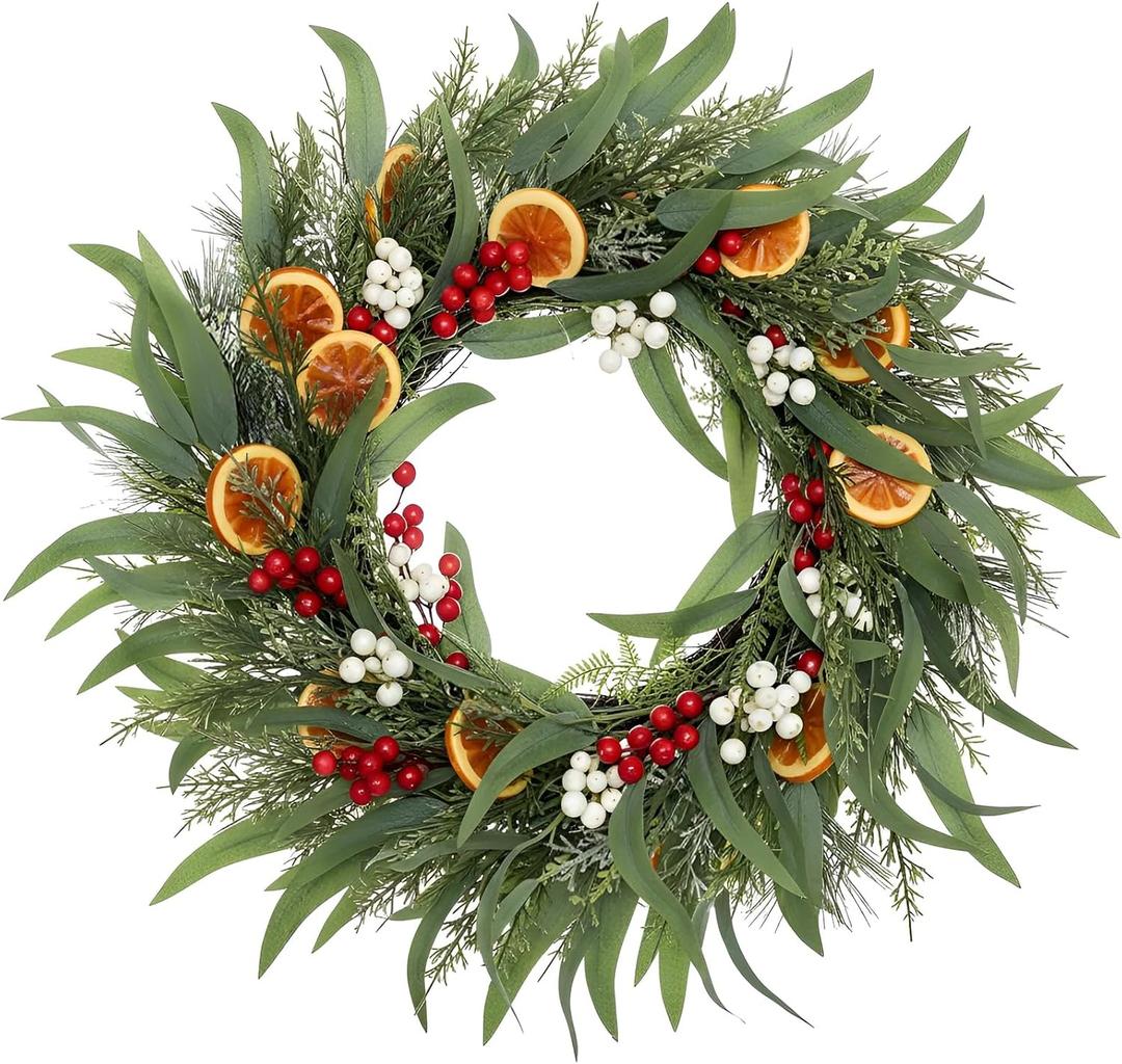 DN DECONATION 24 Inch Christmas Wreath for Front Door, Outdoor Winter Berry Eucalyptus Wreath with Dried Orange Slices, White Beads for Holiday Home Decor (18in, Green and Orange)