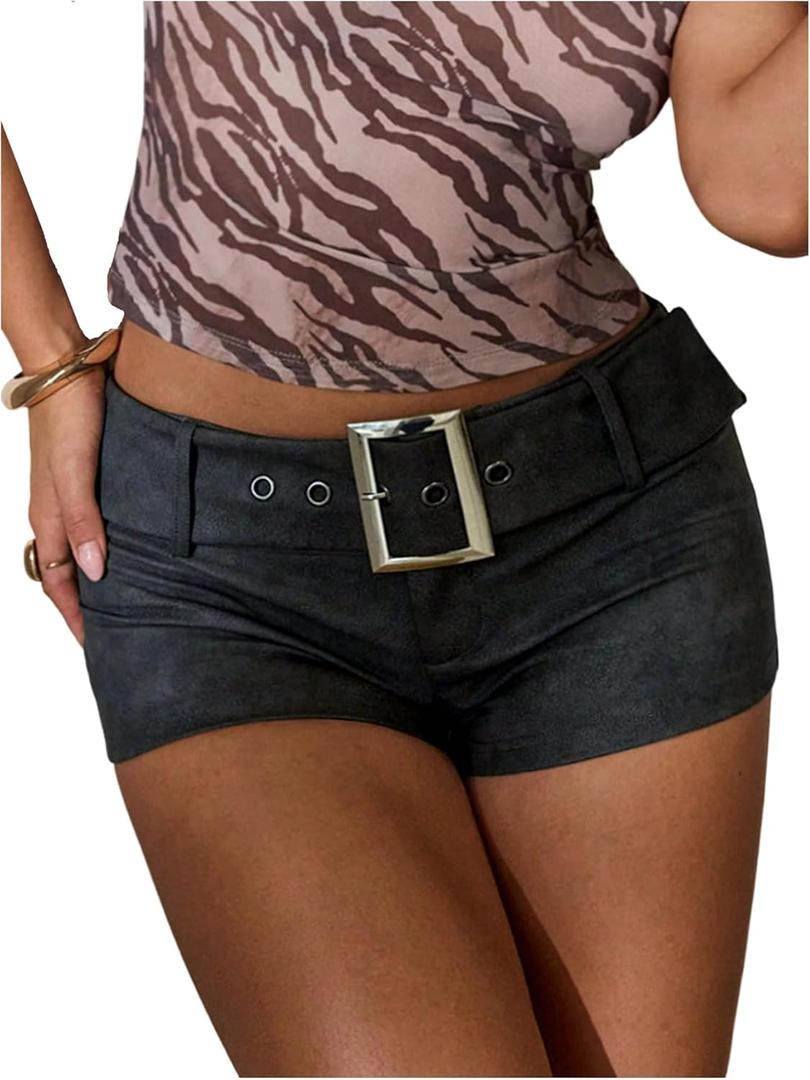 Floerns Women's Y2k Leather Mini Shorts Low Rise Buckle Belt Skinny Night Out Short Pants (Dark Grey)