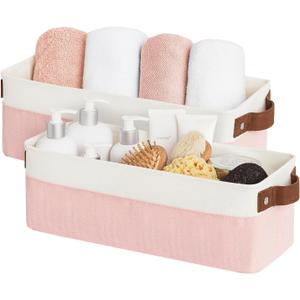 StorageWorks Narrow Storage Bins, Small Basket for Closet and Shelves, Fabric Organizer with Handles, Toilet Paper Storage, Pink and White, 2-Pack (15"L x 6"W x 5"H)