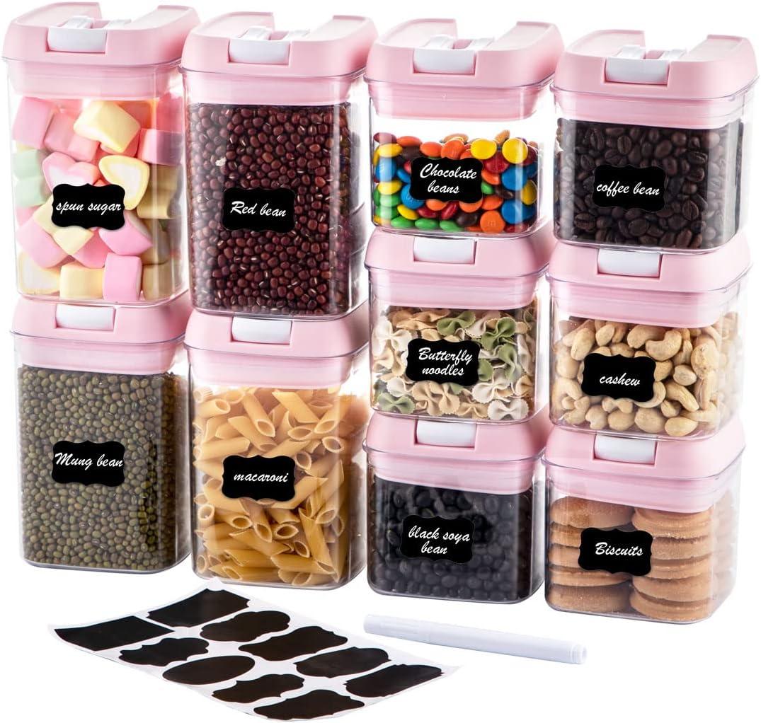 U-QE Airtight Food Storage Container Set-10 Piece BPA Free Clear Plastic Cereal Canisters with Easy Lock Lids-Kitchen & Pantry Organization Containers for Sugar, Flour, Cereal, Labels & Marker(Pink)