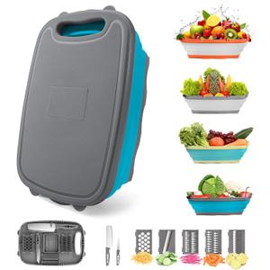 Gintan Camping Cutting Board, 9-in-1 Collapsible Chopping Board with Colander, Kitchen Vegetable Washing Basket for Camping, Camping Gifts Camping Accessories for RV Campers (Blue+Grey)