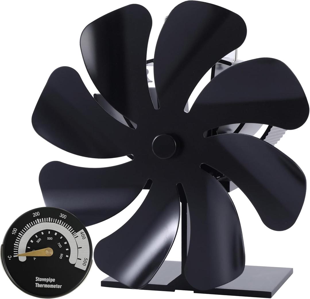 Tomersun Wood Stove Fan 8 Blade Heat Powered, Woodburner Fireplace Fan for Wood Burner/Burning/Stoves, with Thermometer (Medium)
