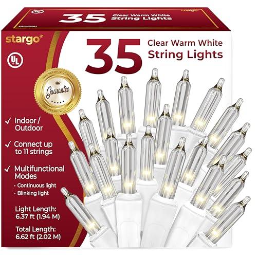 Clear Warm White Christmas Tree Lights - 6.3 ft String of 35 Incandescent Mini Bulbs Multifunctional Lighting Modes, for Decorative, Bedroom, Outdoor, Xmas Twinkle Lights with White Wire Total 6.6 ft