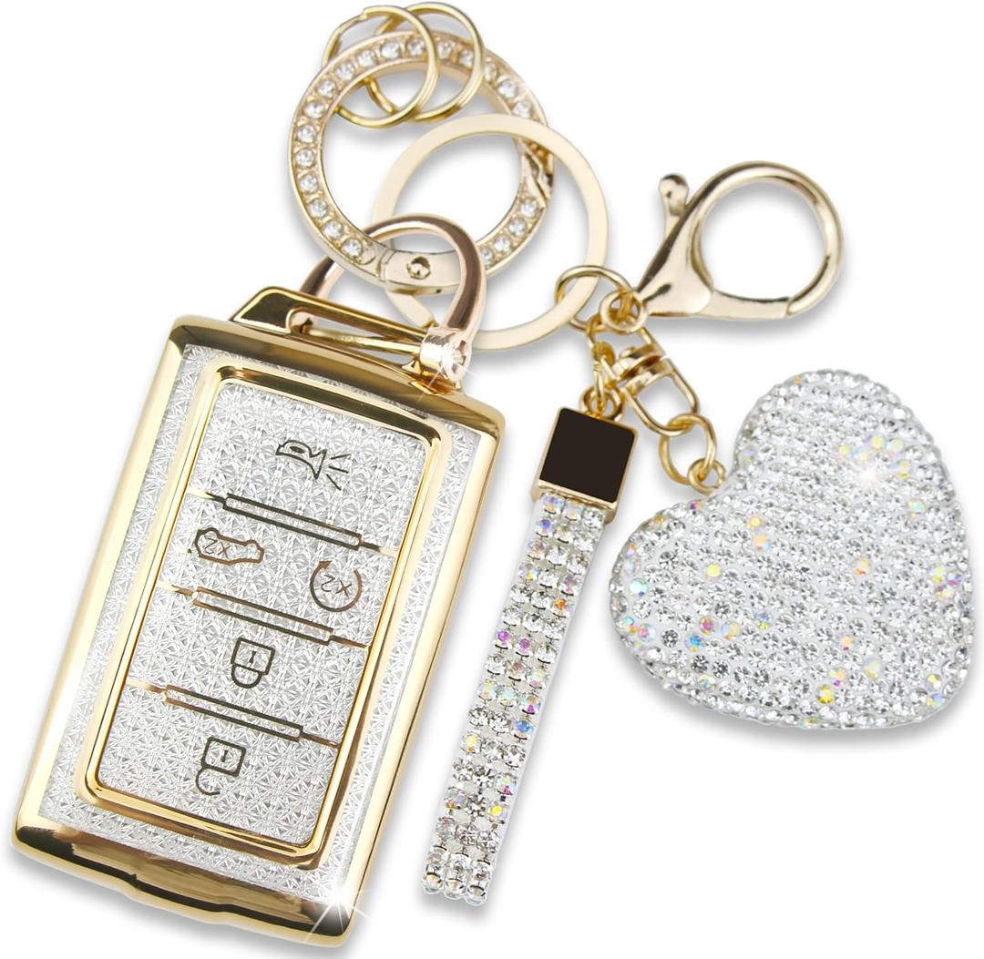 Compatible with Jeep Key Fob Cover with Keychain, Car Key Shell for Women Compatible with Grand Cherokee L Grand Wagoneer L Wagoneer Grand Cherokee L 2021-2023 Protector (5 Buttons-Gold)