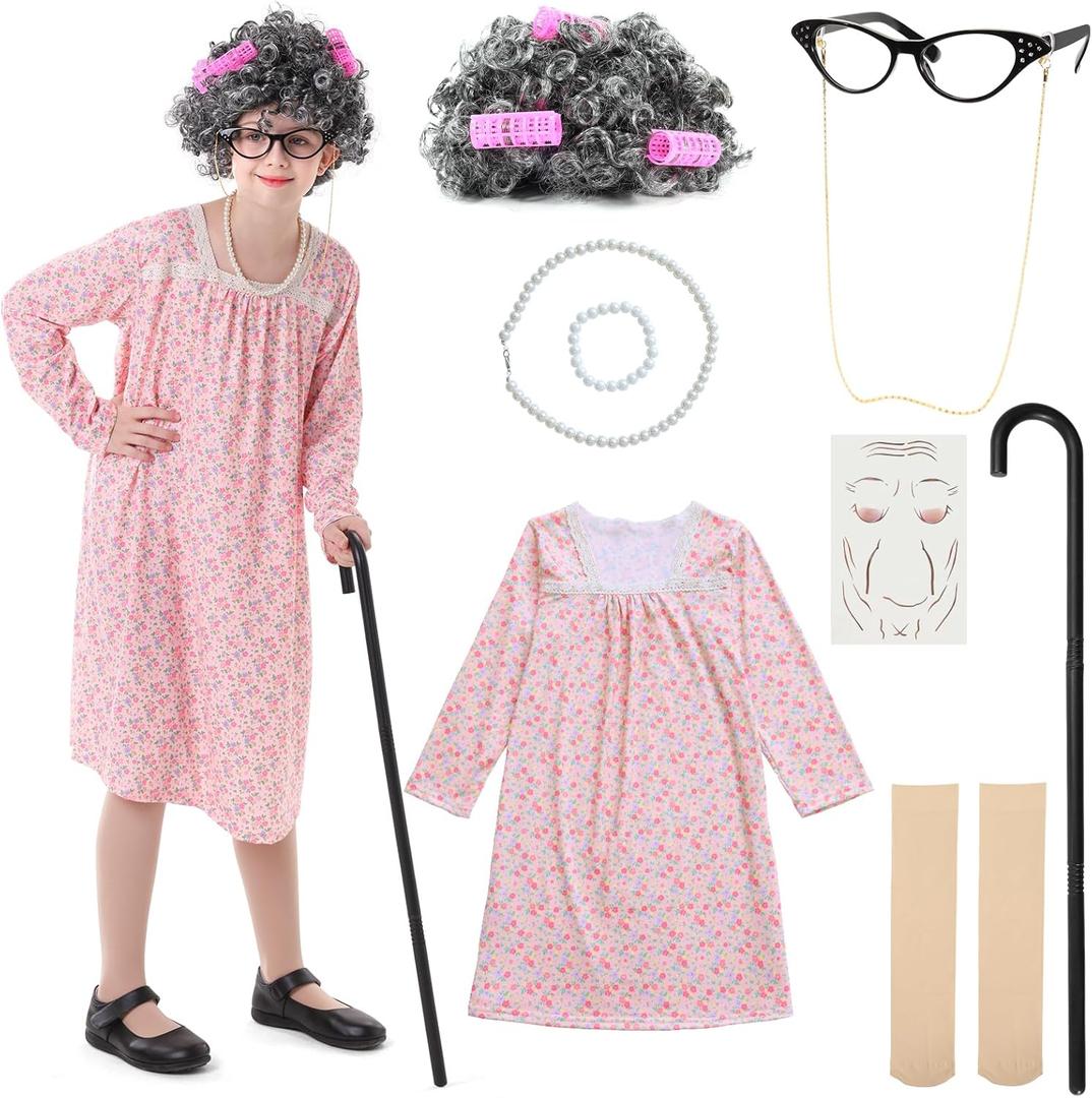 VICAMB Girls 100th Day of School Costume  Kids Old Lady Granny Dress Outfit with Wig, Glasses, Cane & Accessories,13-Piece (S(5-7 Years)