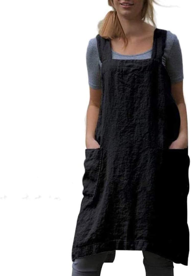 YESDOOD Cotton Linen Apron Cross Back Apron for Women with Pockets Pinafore Dress for Baking Cooking, Black, Medium
