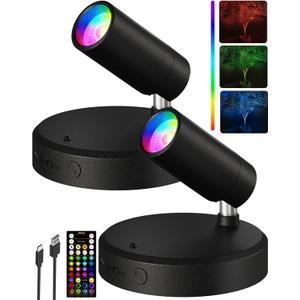 EZVALO RGB Spotlights Indoor with Remote, 5500mAh Rechargeable Picture Lights, DIY Mode & 83 Color Changing Uplighting, Wireless Mini Accent Lighting for Christmas Gift.(2Pack-Black)