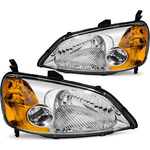 for 2001-2003 Honda Civic Headlights Assembly Compatible with 2001 2002 2003 Civic 2/4DR Chrome Housing Amber Reflector Replacement Driver & Passenger Side