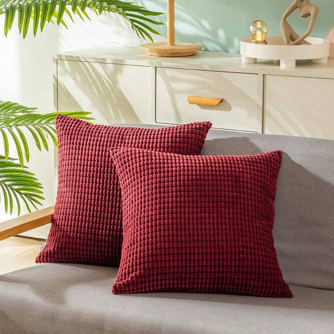 CaliTime Throw Pillow Covers Pack of 2 Comfy Corduroy Corn Striped Waffle Decorative Cushion Cases for Couch Sofa Bed Farmhouse 16 X 16 Inches Burgundy