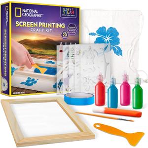 NATIONAL GEOGRAPHIC Kids Screen Printing Kit - Arts and Crafts Silk Screen Printing Kit with Fabric Paint, Frame, Stencils & Squeegee Plus Drawstring Bag & More, Screen Print, Silkscreening Kit