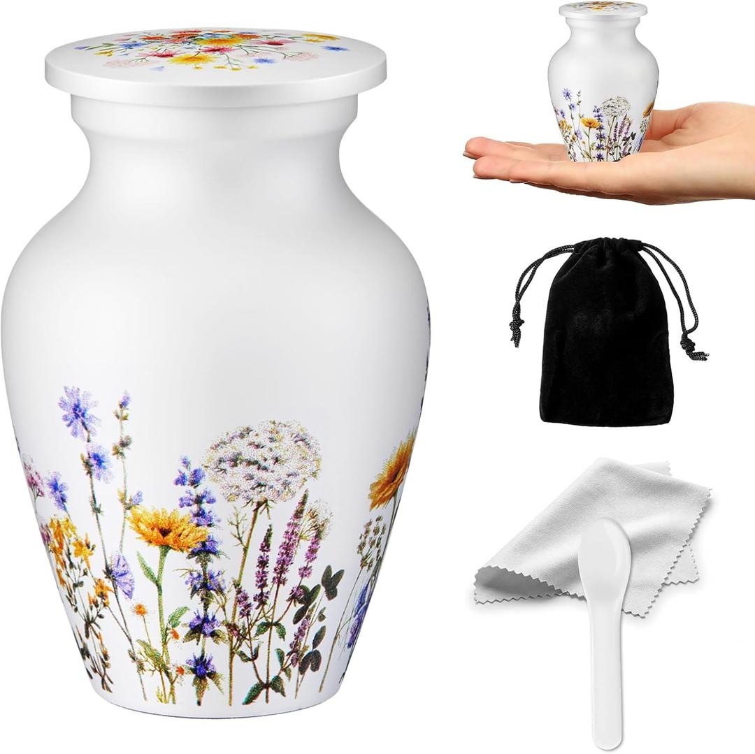 Vicenpal Mini Urns for Human Ashes Set with 2 x 3 Inch Urns, Velvet Bag and Spoon, Metal Keepsake, Wildflower Pattern Memorial Urn Adult Female for Cremation, Funeral, Burial & Home Display