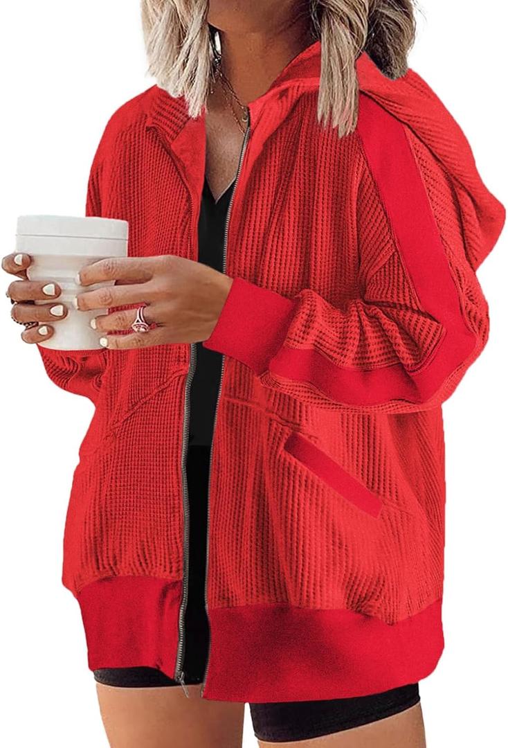 Eytino Womens Plus Size Hoodies Sweatshirt Long Sleeve Zip Up Waffle Knit Shacket Jacket Coat Outwear, 1X Fiery Red