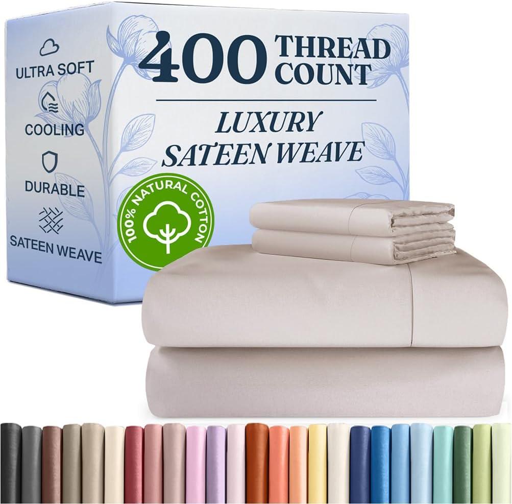 400 Thread Count Cotton Sheet Set - Queen Size 100% Cotton Sheets - Easily Fits 8" to 16" Mattress - Silky-Soft, Wrinkle Free and Comfortable - Deep Pockets & Hotel Quality Bedding Set - Light Grey