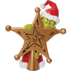Department 56 Dr. Seuss Grinch Hiding Behind Star Sculpted Christmas Tree Topper, 8.5 Inch, Multicolor