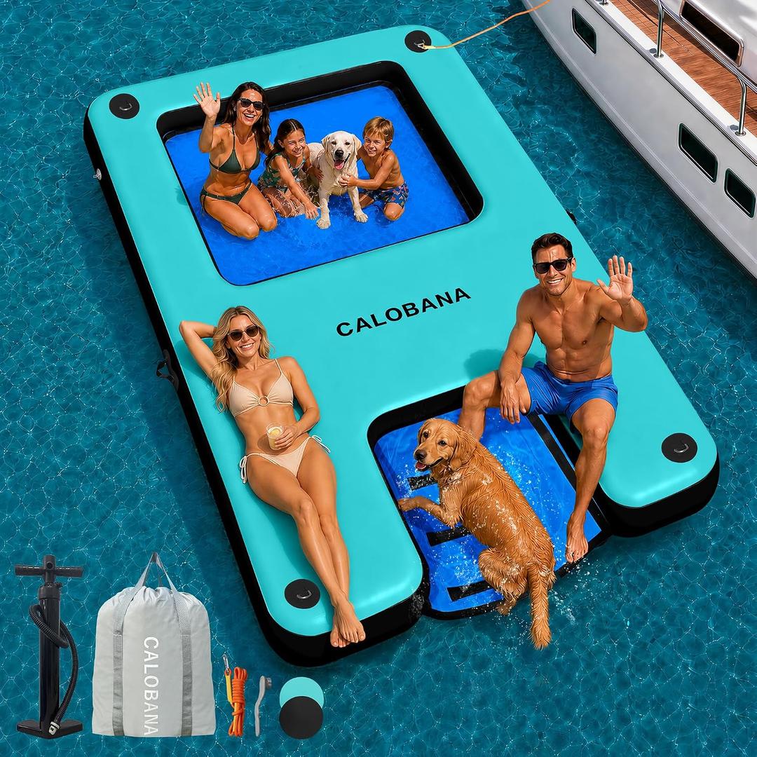 CALOBANA Inflatable Floating Dock with Dog Boat Ramp and Mesh | Water Hammock, Pet Friendly, 10FTx6FT/12FTx6FT/12FTx8FT, Fits 4-7/6-9/8-10 People, Easy Inflate, Carry Bag, Connect Rope, 10ft6ft6in