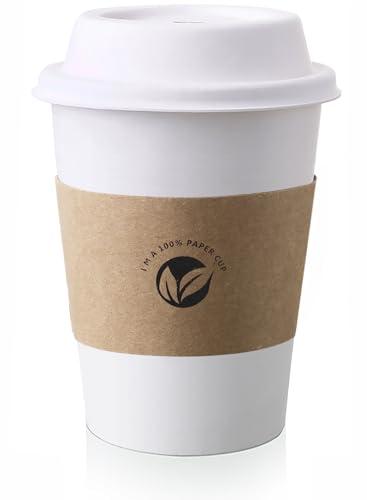 KTOB [50 pack] 12 oz Compostable Coffee Cups with Lids and Kraft Sleeves, Eco Friendly Disposable White Paper Cups Combo for Hot Beverage