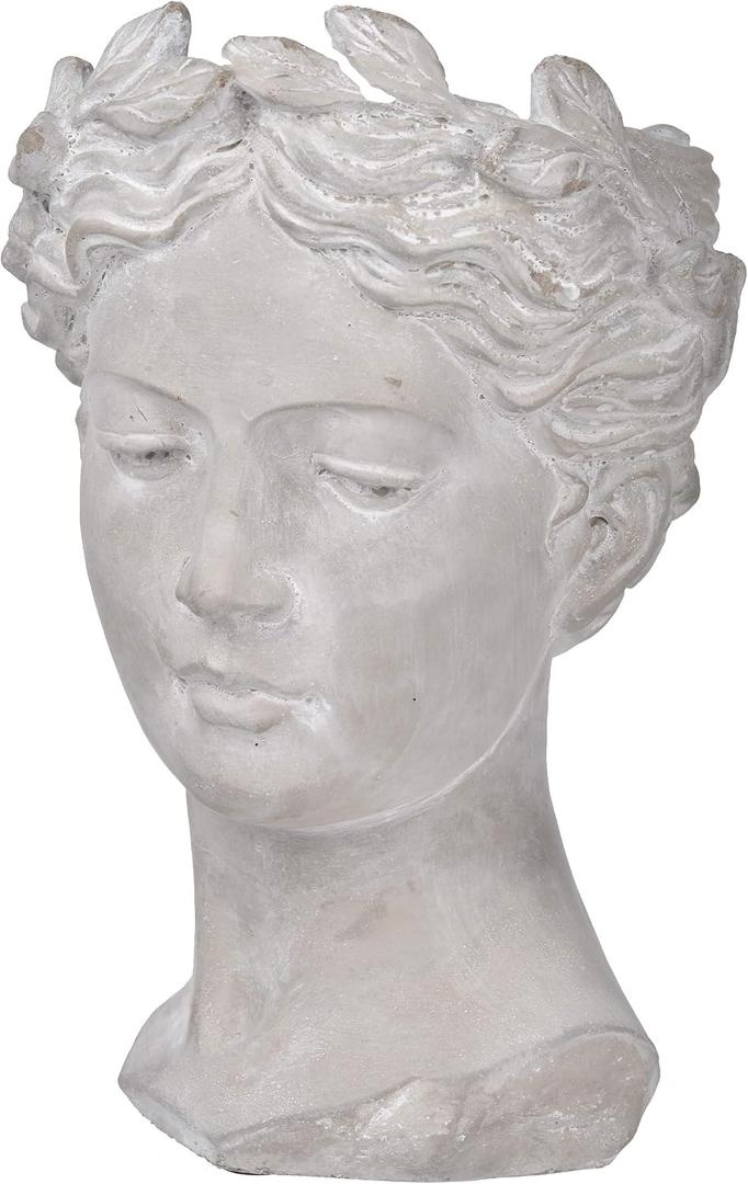 A & B Home Gray Young Girl Bust Planter Indoor Outdoor Dcor Cement Pot Beautiful Woman Face Greek Sculpture Flower Hair 7" x 7" x 11"