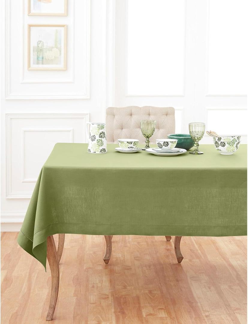 Solino Home Linen Tablecloth 60 x 144 Inch - Classic Hemstitch 100% Pure Linen Moss Green Table Cloth for Rectangle Tables - Machine Washable Tablecloth for Summer