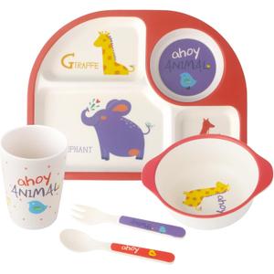 Kids Feeding Set 5 Pcs, Tableware Set for Toddlers Includes Plate Bowl Cup Fork and Spoon Utensil Flatware, Kids Flatware Set Dishwasher Safe, BPA Free (Animalworld)