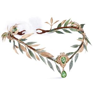 MOSTORY Renaissance Fairy Flower Crown - Elf Crown Woodland Headpiece Handmade Forest Leaf Circlet for Ren Faire Costume Women Halloween Cosplay Photo Shoot (Green and Gold)
