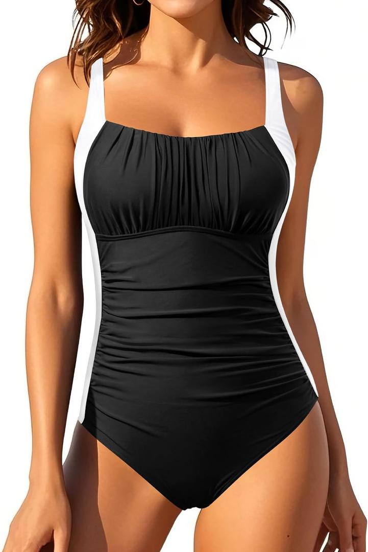 Aqua Eve One Piece Bathing Suit for Women Tummy Control Swimsuit Slimming Vintage Swimwear (Black, M)